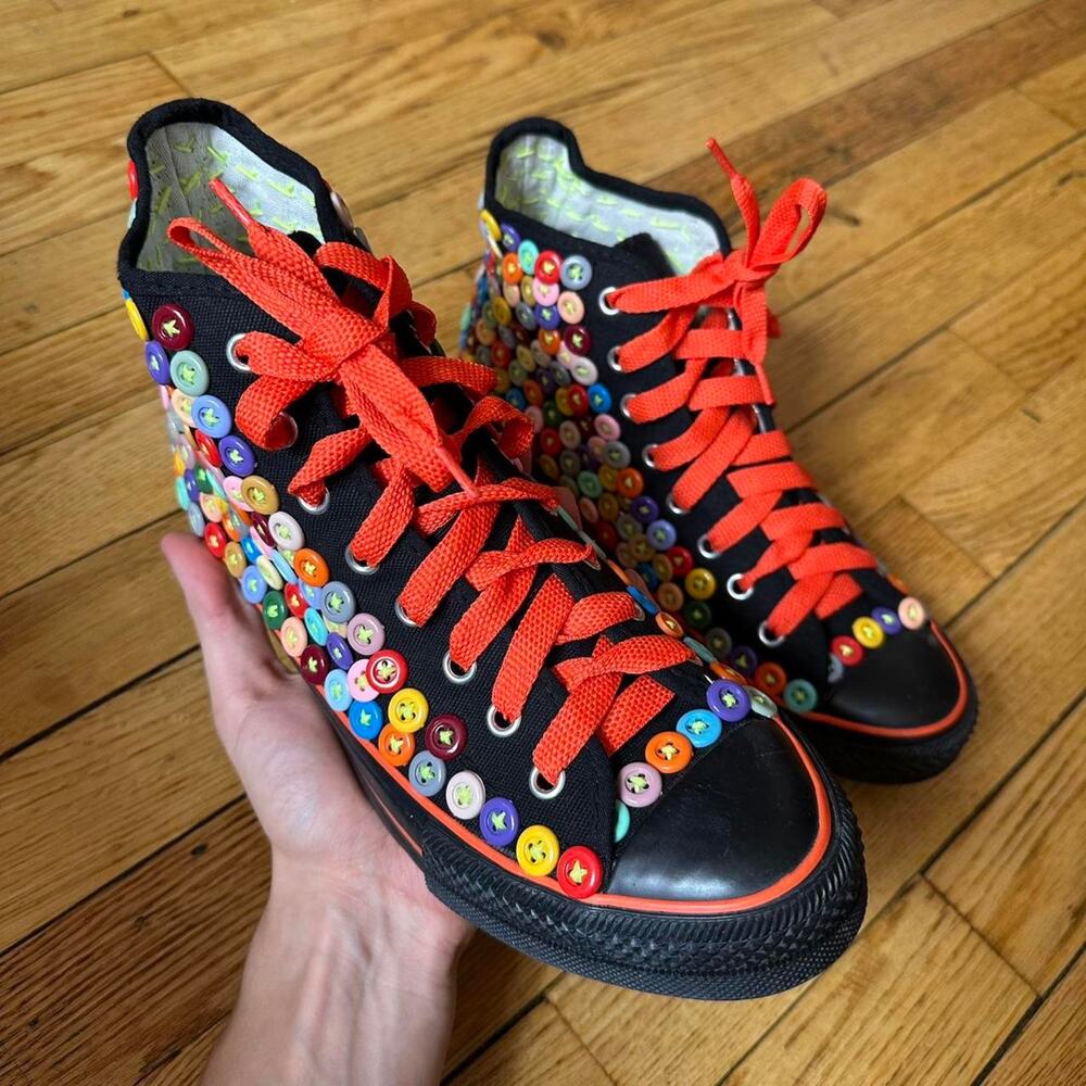 Black Button Hand Sewn Chuck Taylor Style Hi Top Shoes - Picture 2 of 8